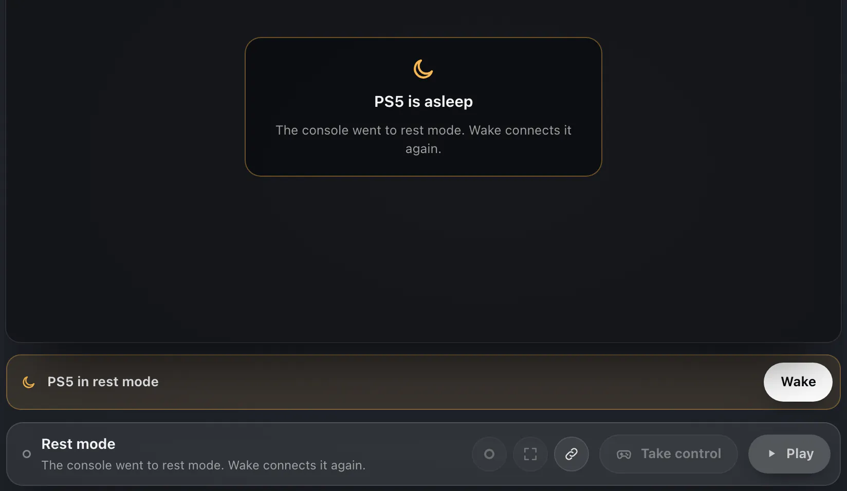 The console asleep: PS5 is asleep on the picture, the row PS5 in rest mode with a Wake button, and Connect in the bar.