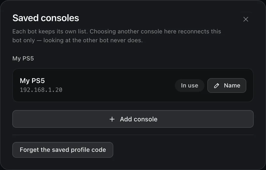 The Saved consoles dialog: My PS5 marked In use, a Name button, Add console and Forget the saved profile code.