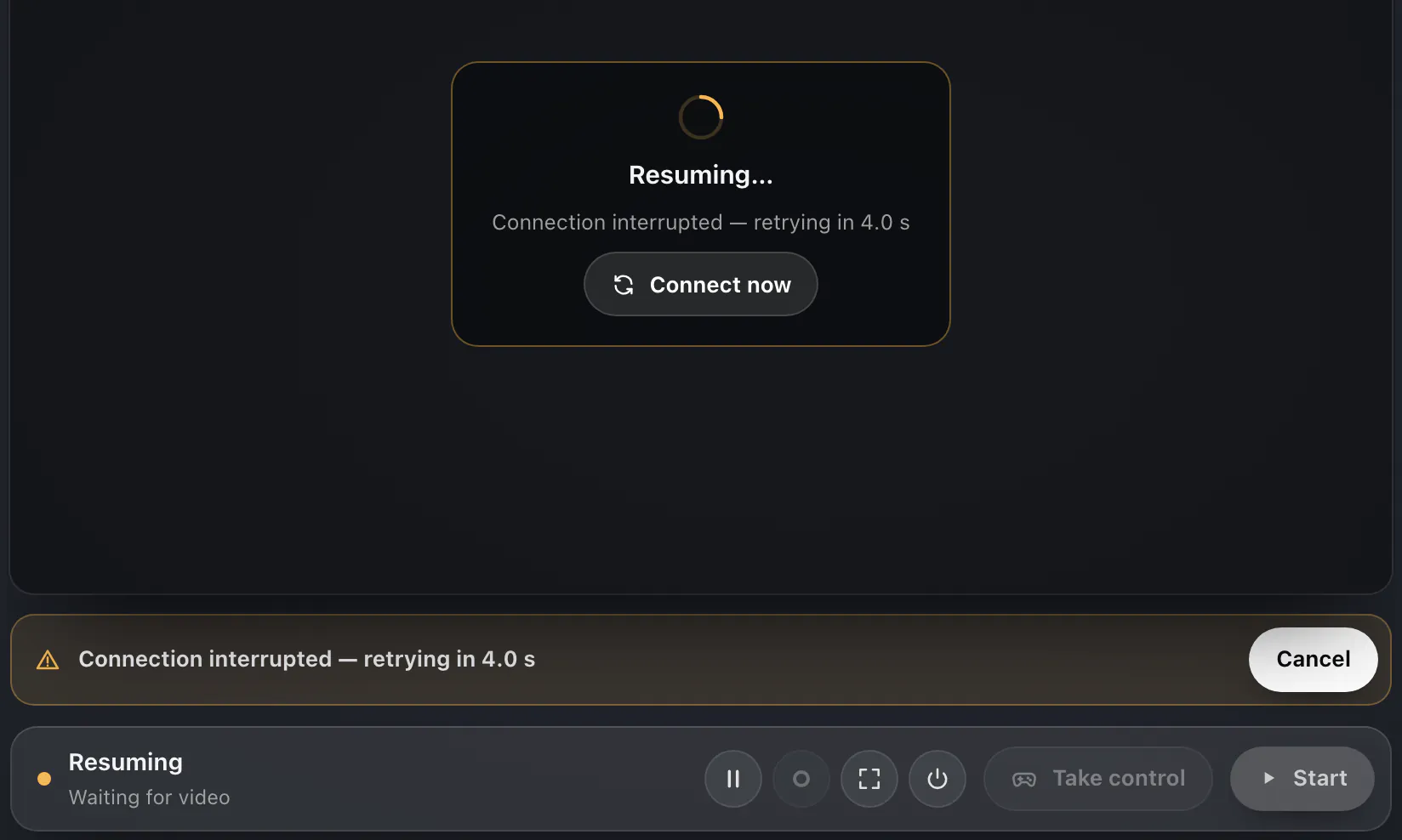 Reconnecting: Resuming… with Connection interrupted — retrying in 4.0 s and a Connect now button; an amber row with Cancel; the bar says Resuming.