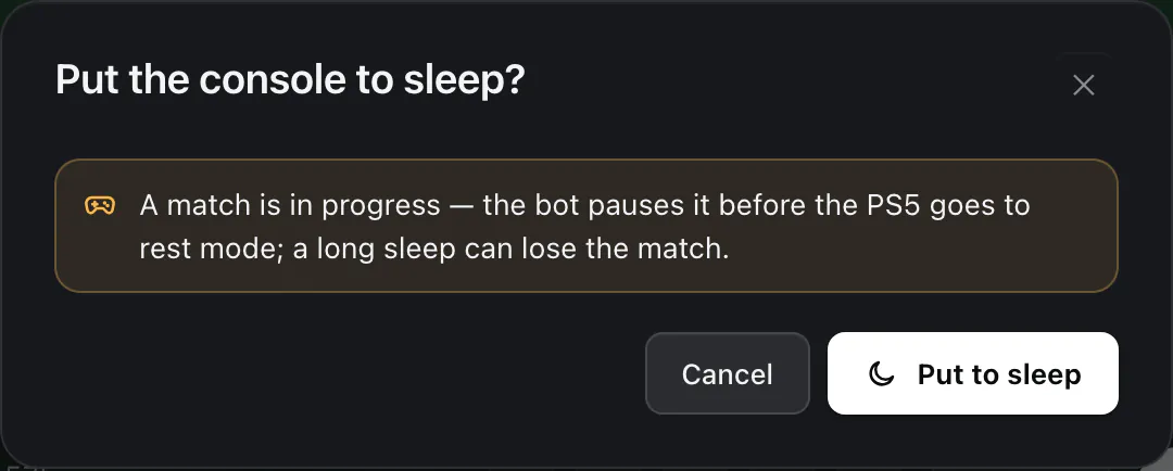 The question Put the console to sleep? with the reason A match is in progress, and the buttons Cancel and Put to sleep.